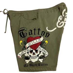 Ed Hardy Tattoo LOVE KILLS SLOWLY Skull Green Fleece
Shorts Men Size XXL